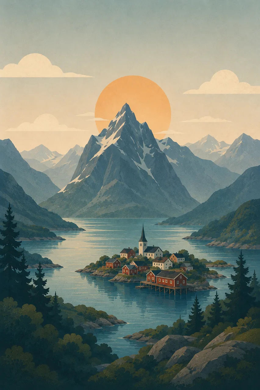 Breathtaking Fjord Village: Scandinavian Majesty Under Setting Sun