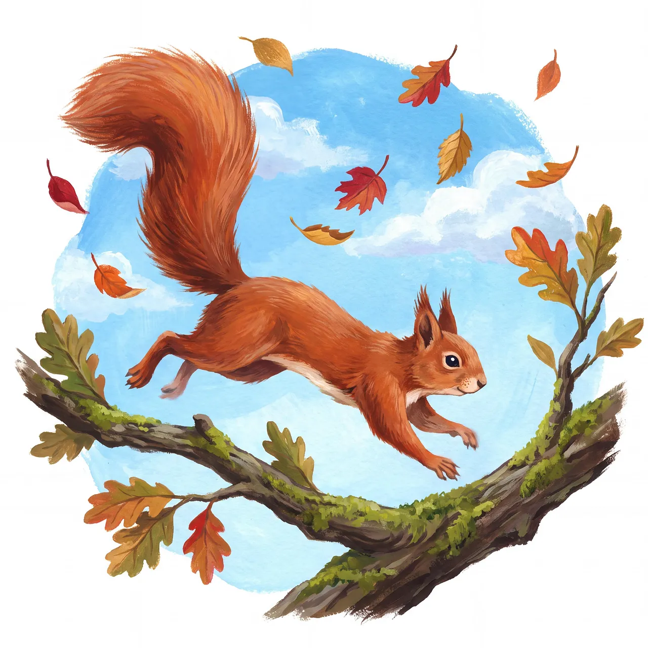 Vibrant Autumn Adventure: Playful Squirrel Amidst Falling Leaves