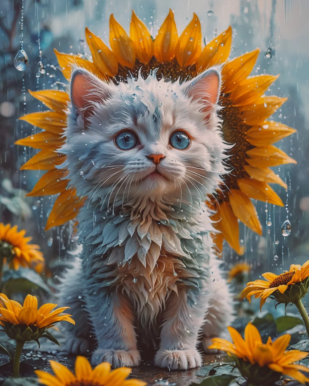 Charming Kitten Bathed in Sunflower Rain