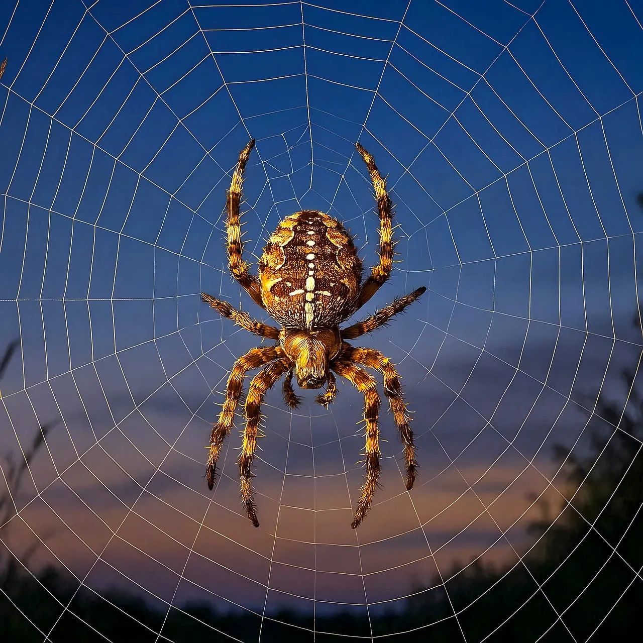 Enchanting Orb Weaver: Sunset Silhouette on Intricate Web