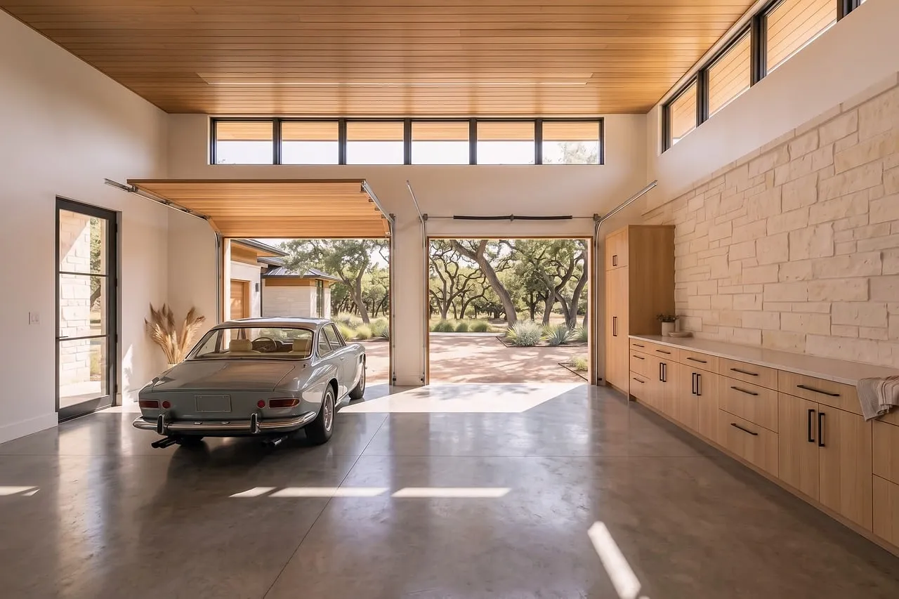 Stunning Modern Garage with Vintage Car and Scenic View