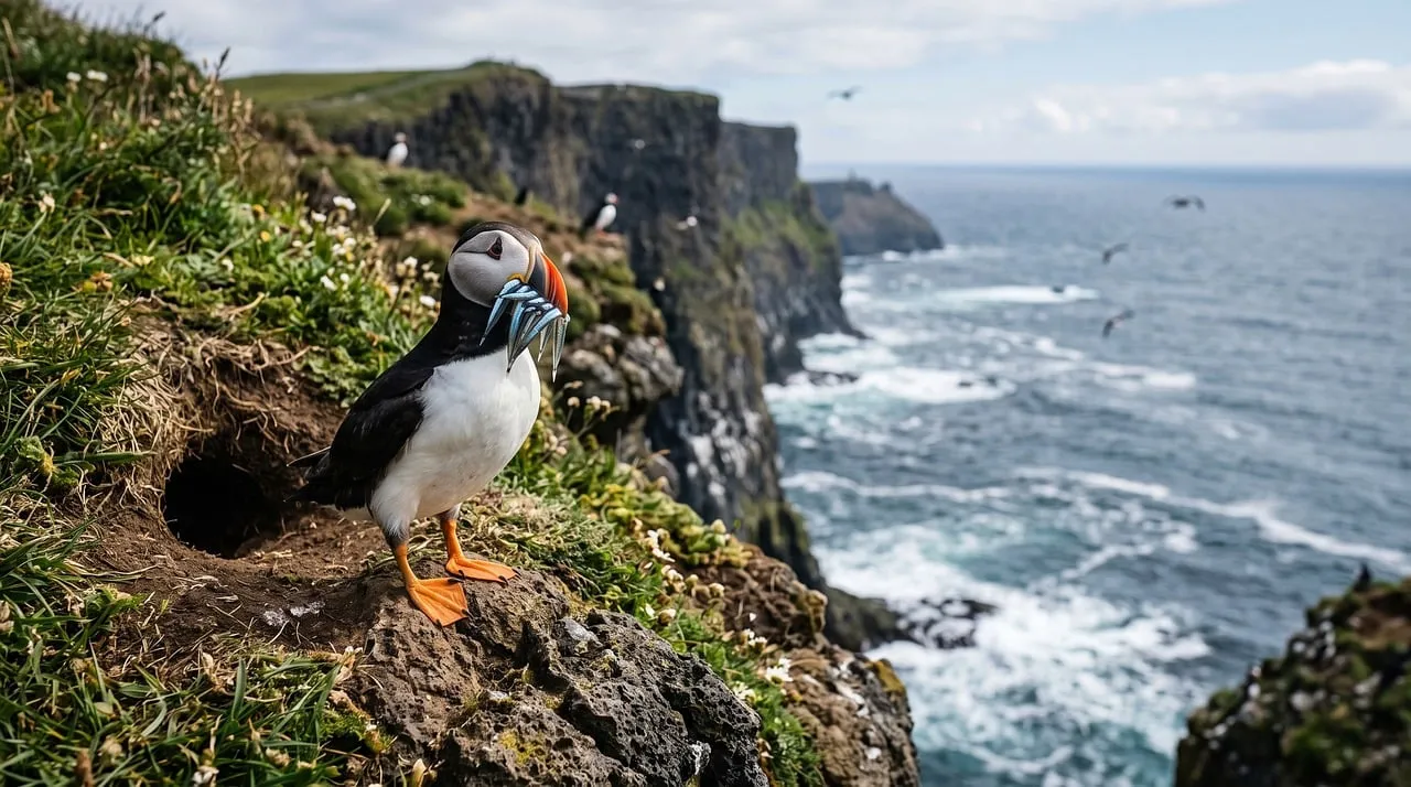 Vibrant Puffin with Fresh Catch on Iceland's Rugged Cliffs