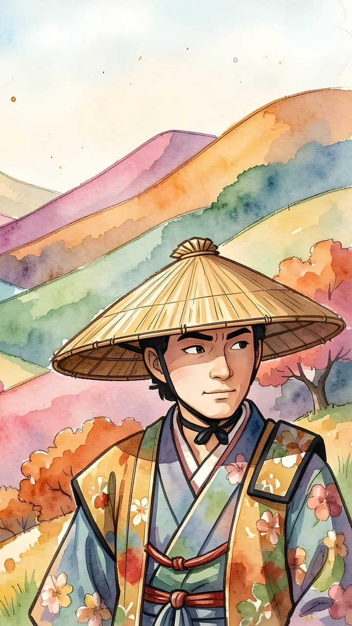 Vibrant Watercolor Portrait of a Man in Traditional Japanese Attire