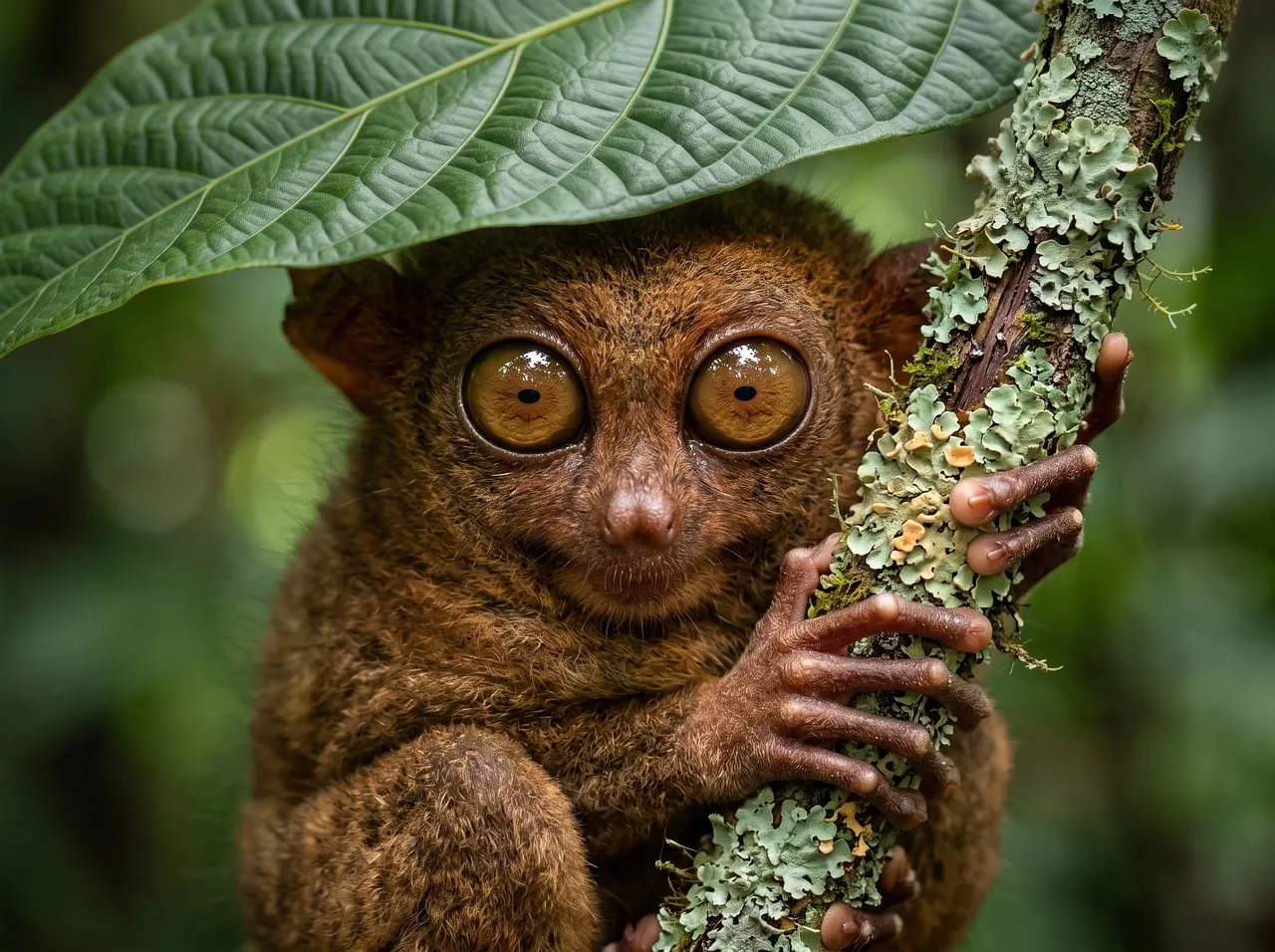 Enchanting Gaze: Philippine Tarsier's Amber Eyes Staring Out