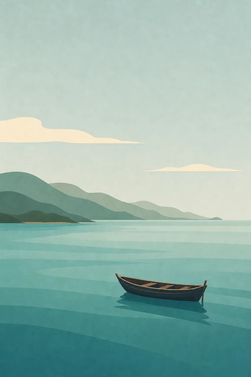 Serene Seascape: Minimalist Boat Drifting on Tranquil Waters