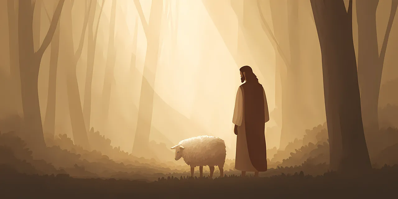Divine Guidance: Jesus and Lamb in Sacred Forest Light