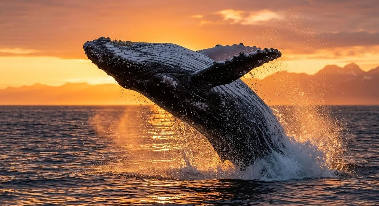 Breathtaking Humpback Whale Breach at Golden Hour Sunset