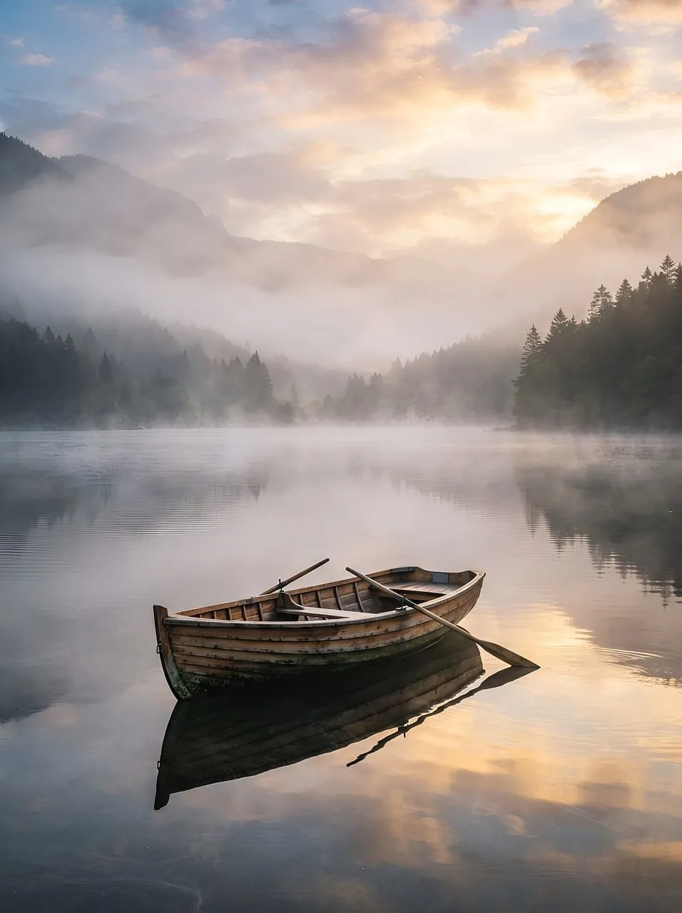 Serene Morning: Wooden Rowboat on Misty Mountain Lake