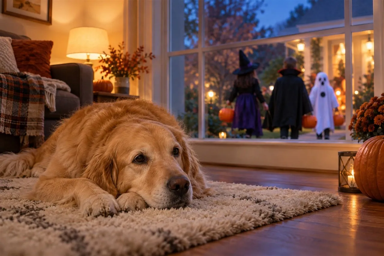 Cozy Golden Retriever Watches Halloween Fun Indoors