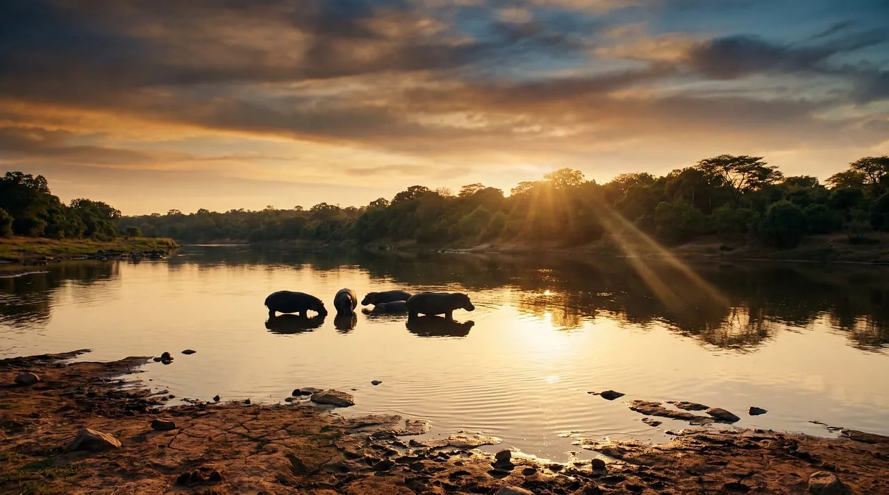 Breathtaking African Sunset: Hippos in Serene Wilderness Waters