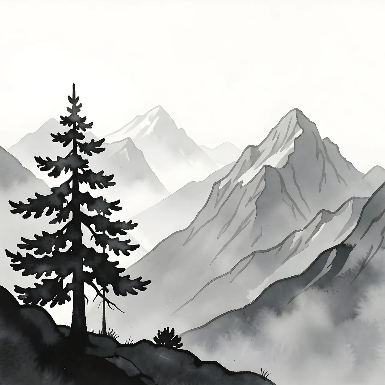 Majestic Mountain Panorama: A Serene Watercolor Landscape