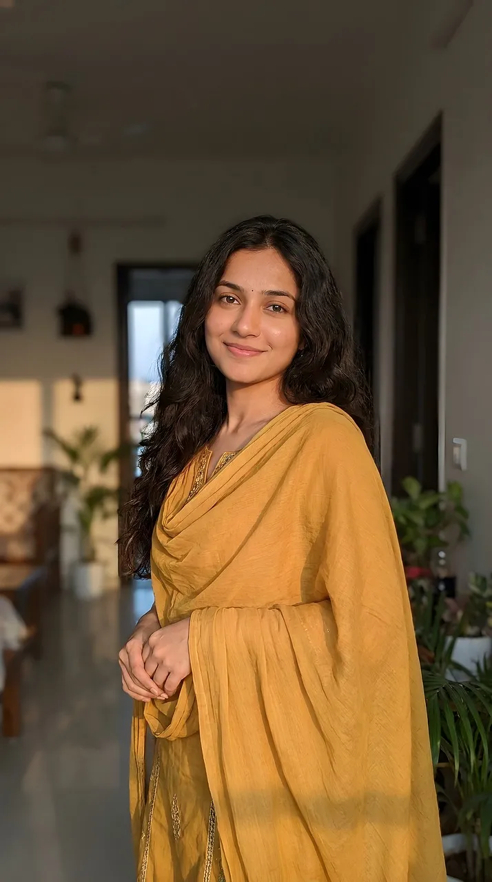 Radiant Indian Woman in Traditional Sari at Home