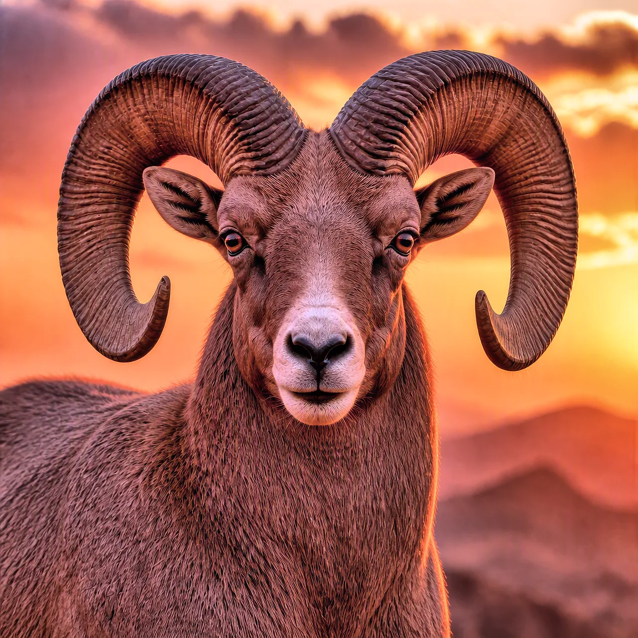 Majestic Bighorn Ram: Desert Sunset Silhouette