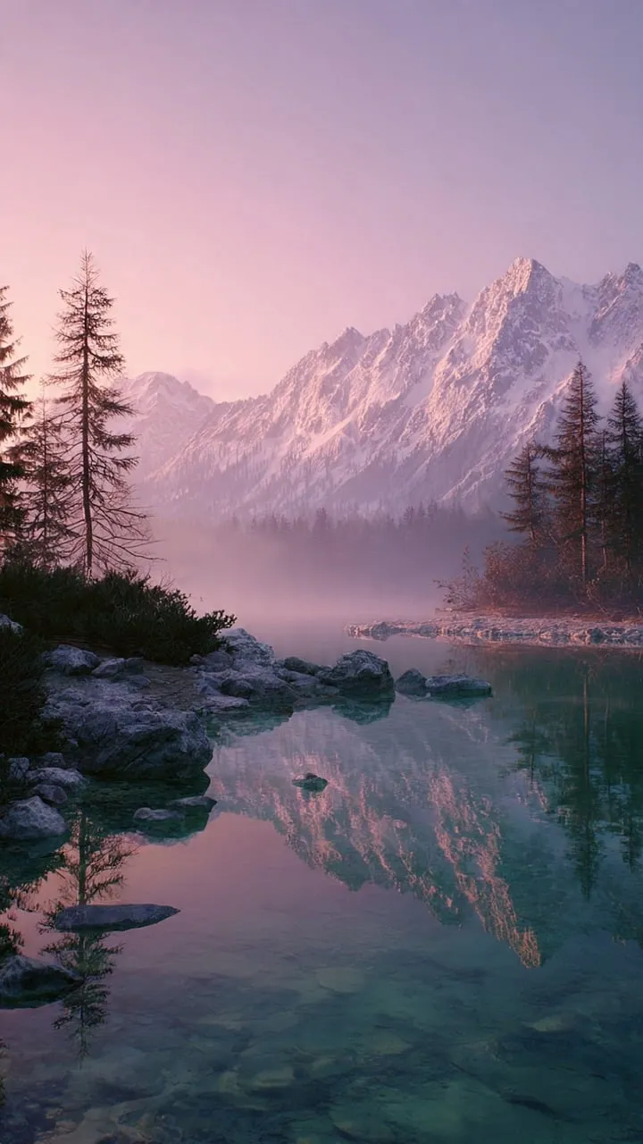 Enchanting Pink Sunset Over Misty Mountain Lake
