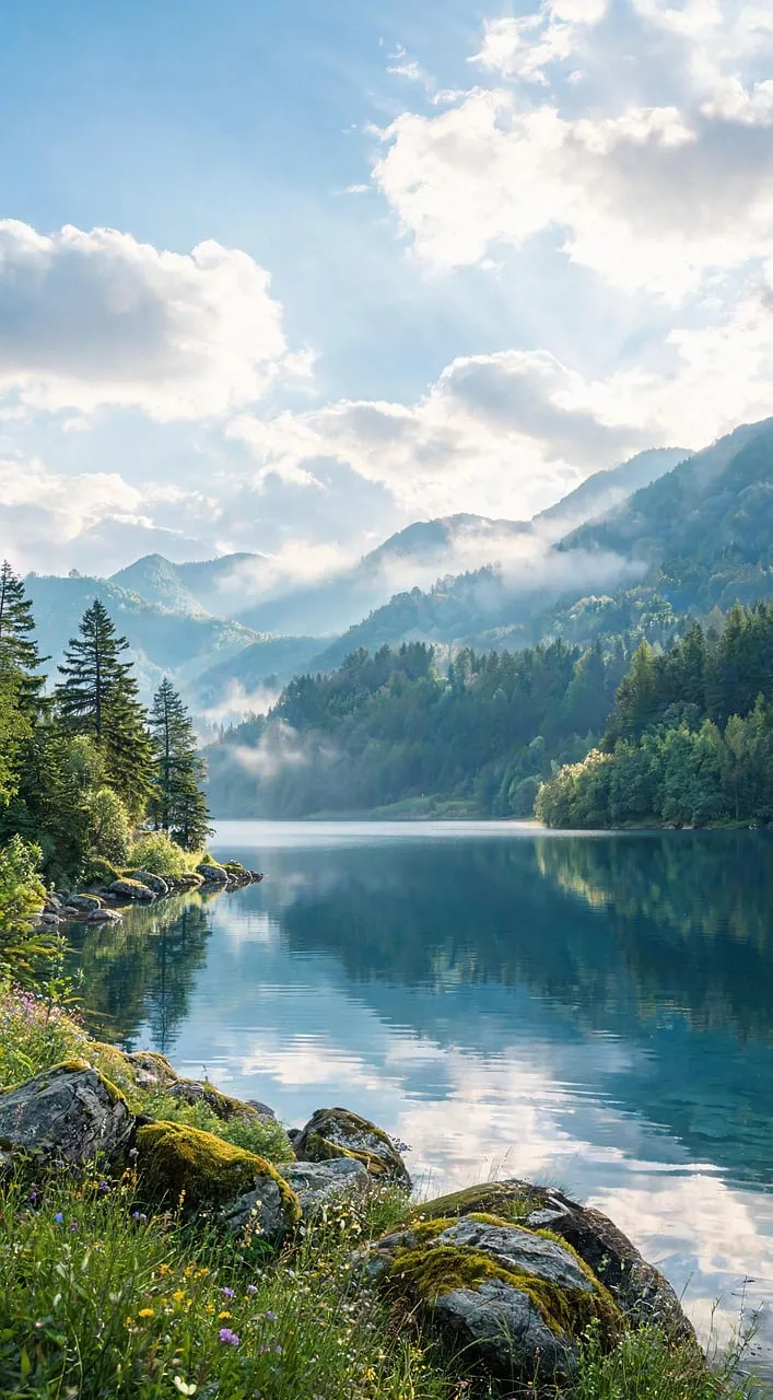Serene Mountain Lake Reflects Misty Green Peaks