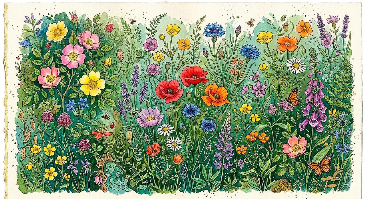 Vibrant Watercolor Wildflower Meadow with Butterflies