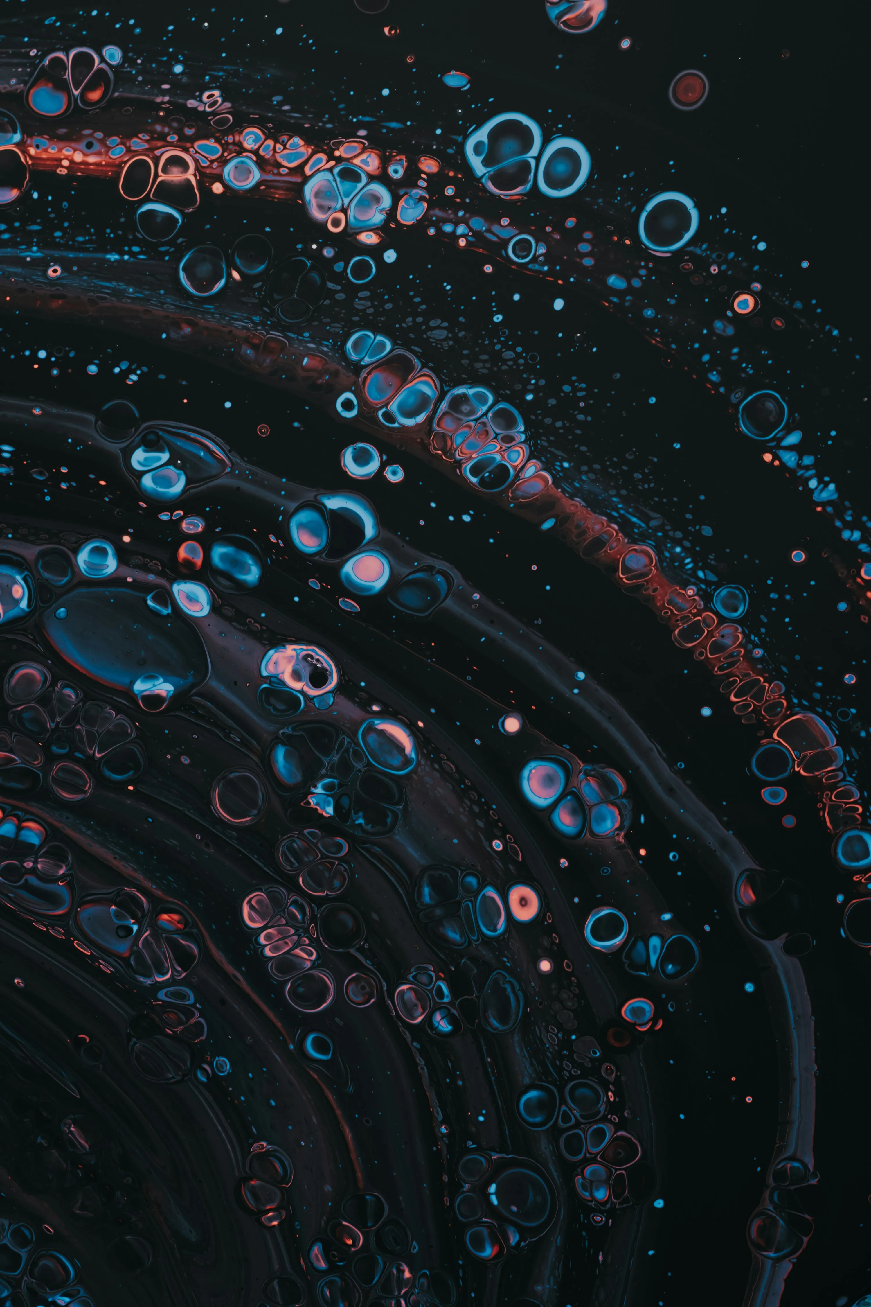 Mesmerizing Abstract Droplets: Vibrant Water on Dark Glass Panel