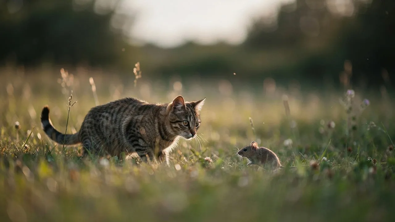Intense Encounter: Cat vs. Mouse in Golden Light