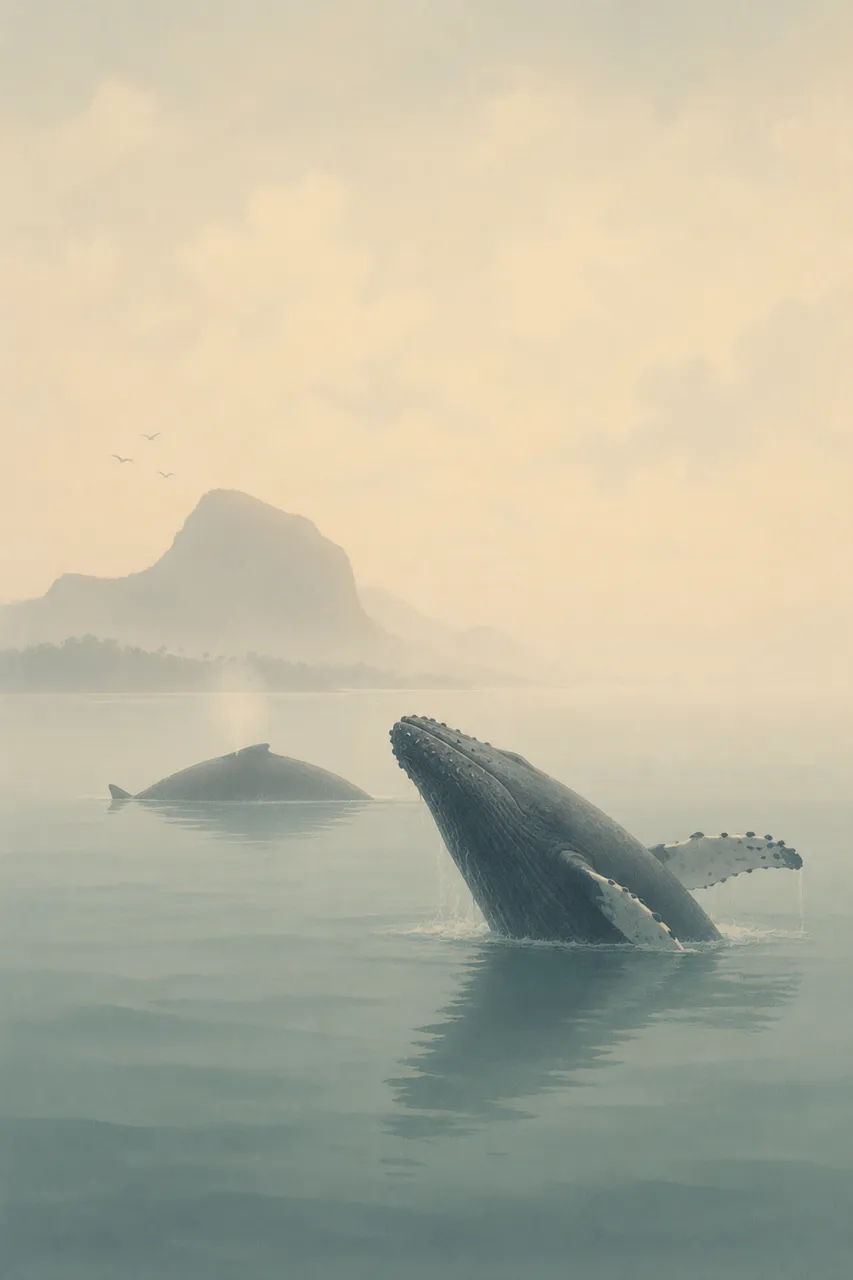 Misty Ocean Majesty: Humpback Whales Breaching at Sunrise