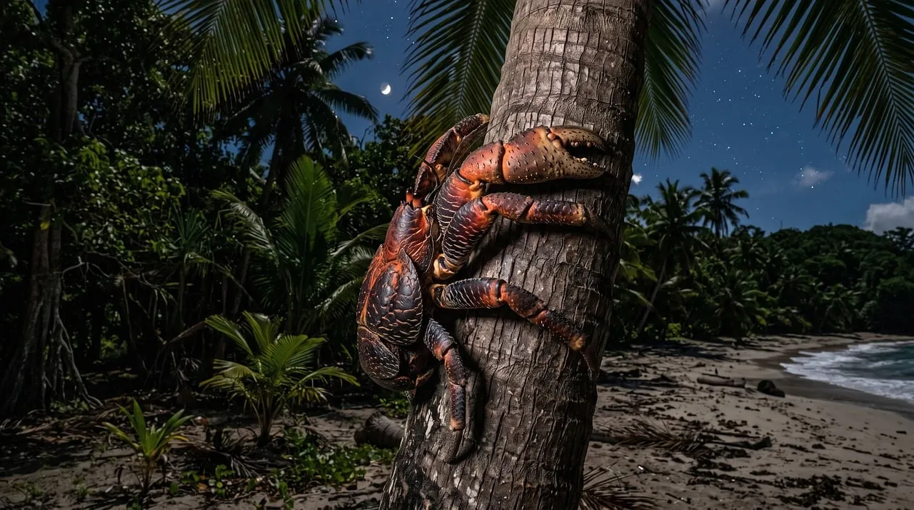 Nightfall Majesty: Giant Crab Climbs Palm on Tropical Beach