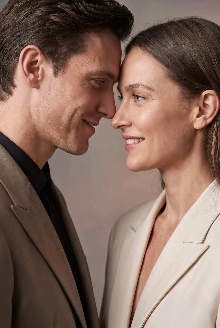 Intimate Gaze: A Romantic Couple's Joyful Portrait