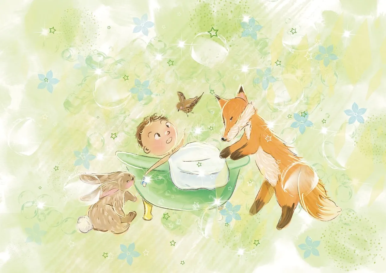 Enchanting Woodland Nursery: Baby's Dreamy Bath Time Illustration