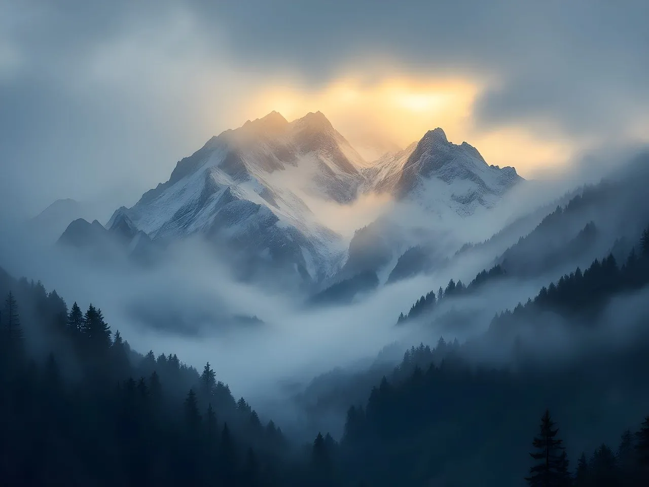Breathtaking Misty Mountain Sunset: A Winter Wonderland View