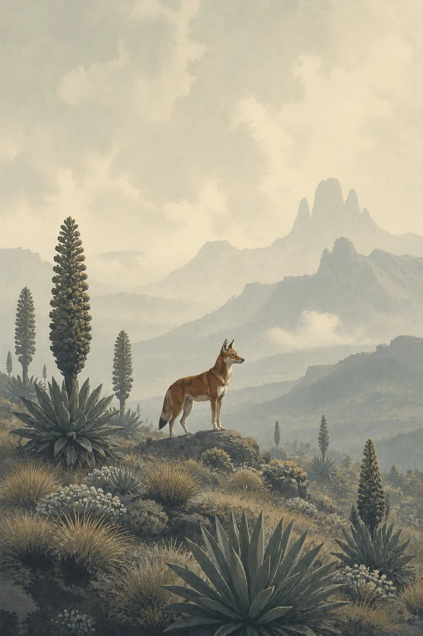 Majestic Ethiopian Wolf in Misty Alpine Wilderness Landscape