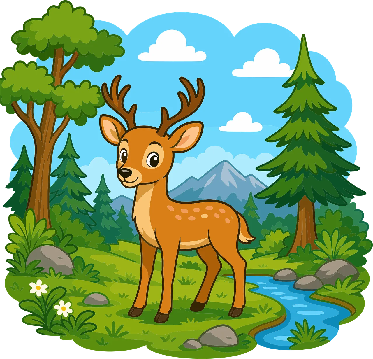 Charming Cartoon Deer in a Vibrant Forest Landscape