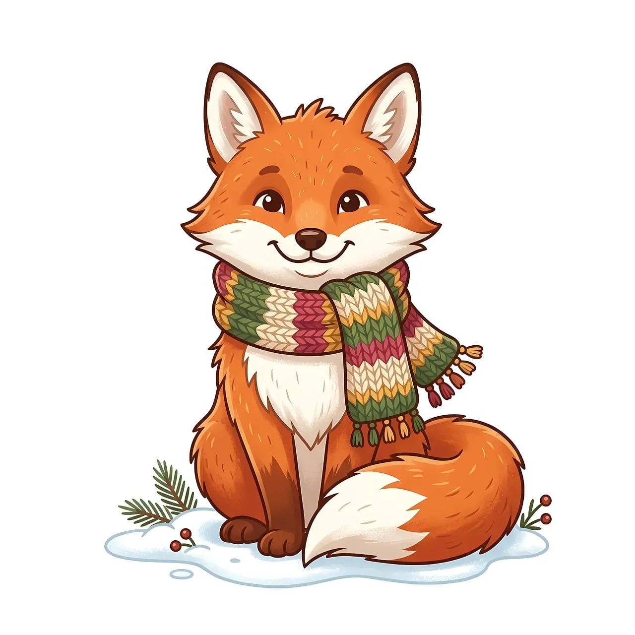 Charming Winter Fox: Cute Cartoon Animal in a Festive Scarf