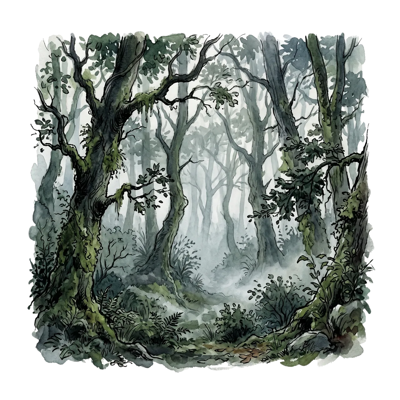 Enchanting Misty Forest: Watercolor Ink Art