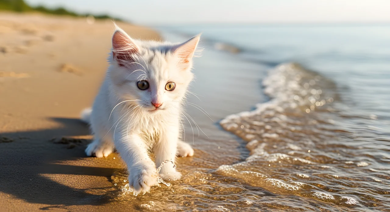 Adorable White Kitten Exploring a Serene Summer Beach
