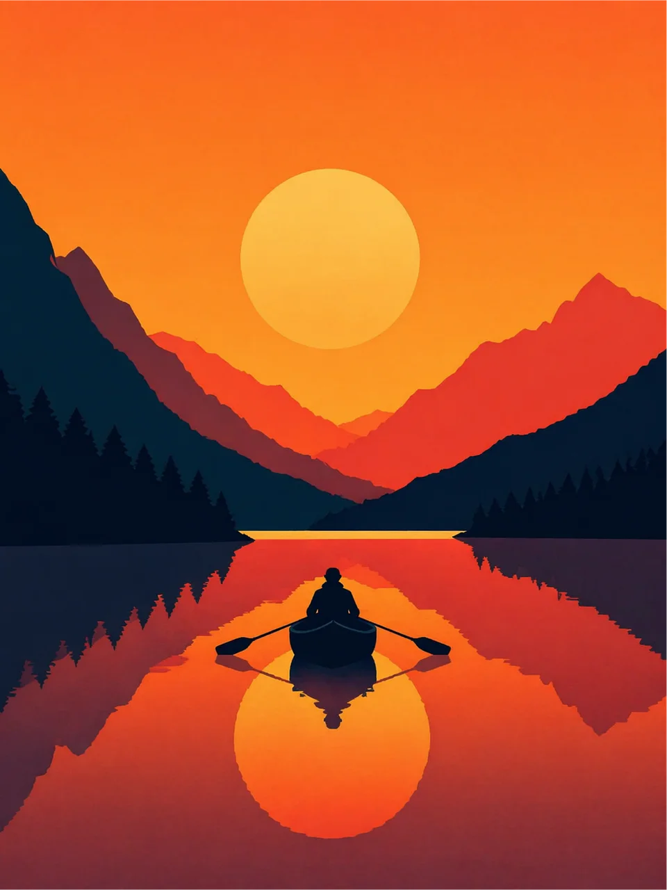 Stunning Sunset Serenity: A Lone Canoe on a Reflective Lake