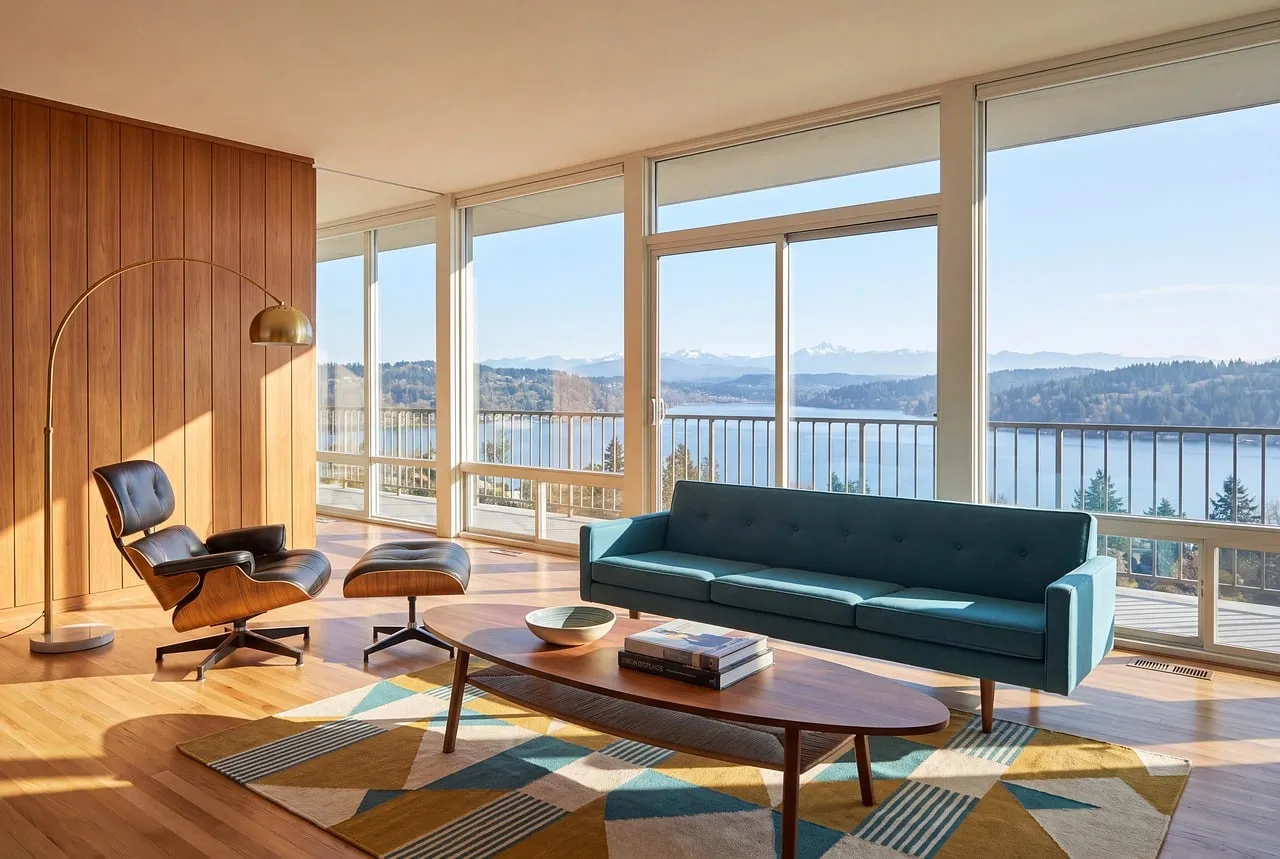 Stunning Mid-Century Modern Living Room with Panoramic Mountain Views