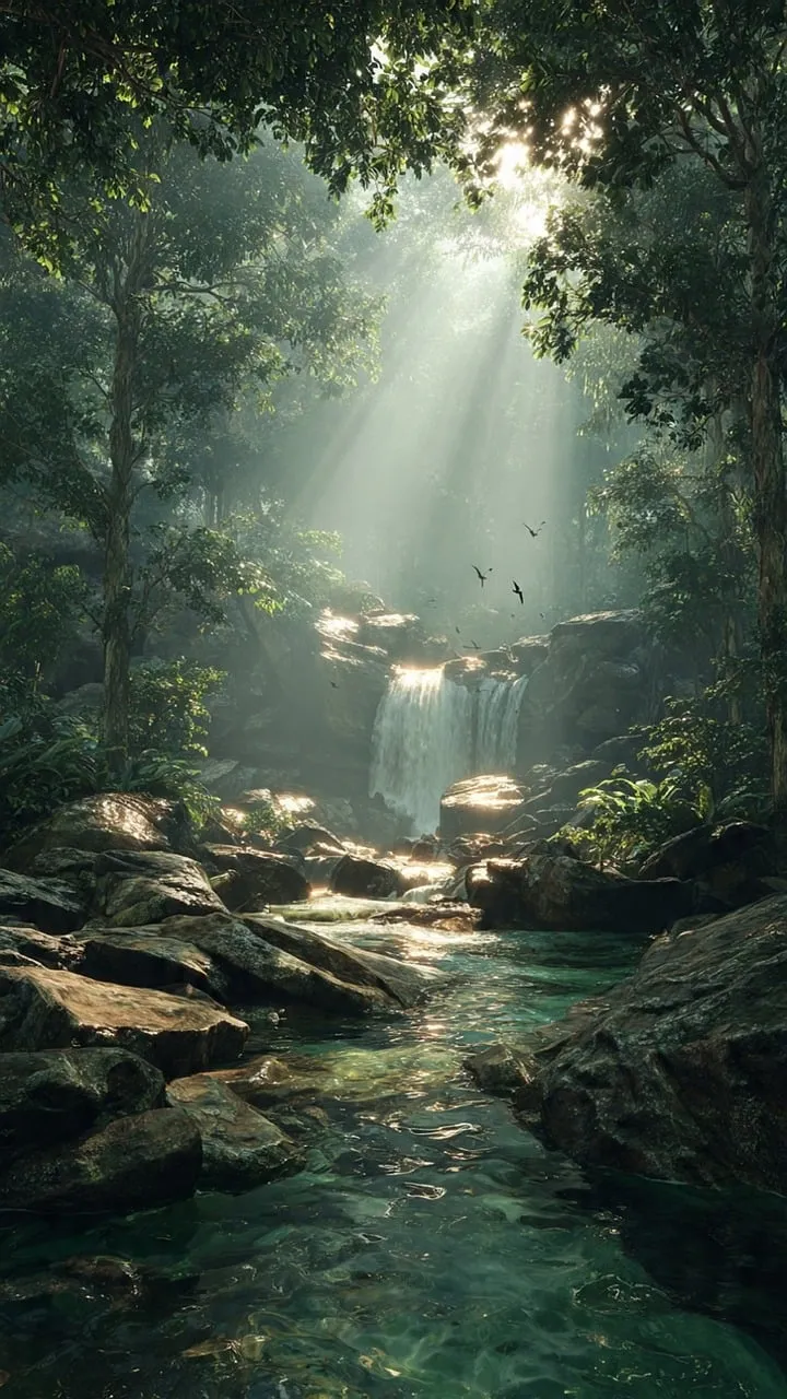 Enchanting Rainforest Waterfall Bathed in Sun Rays