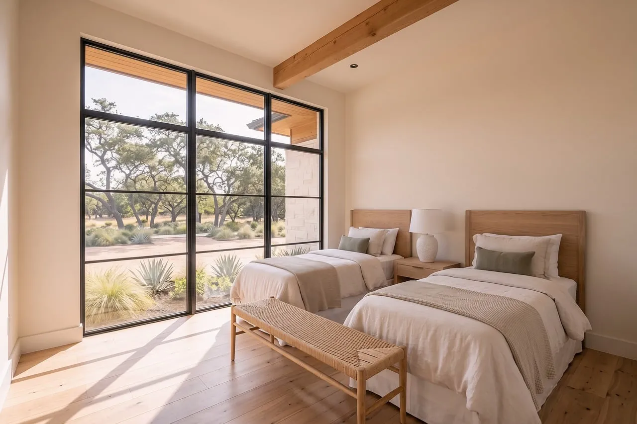 Minimalist Twin Bedroom with Serene Outdoor Views
