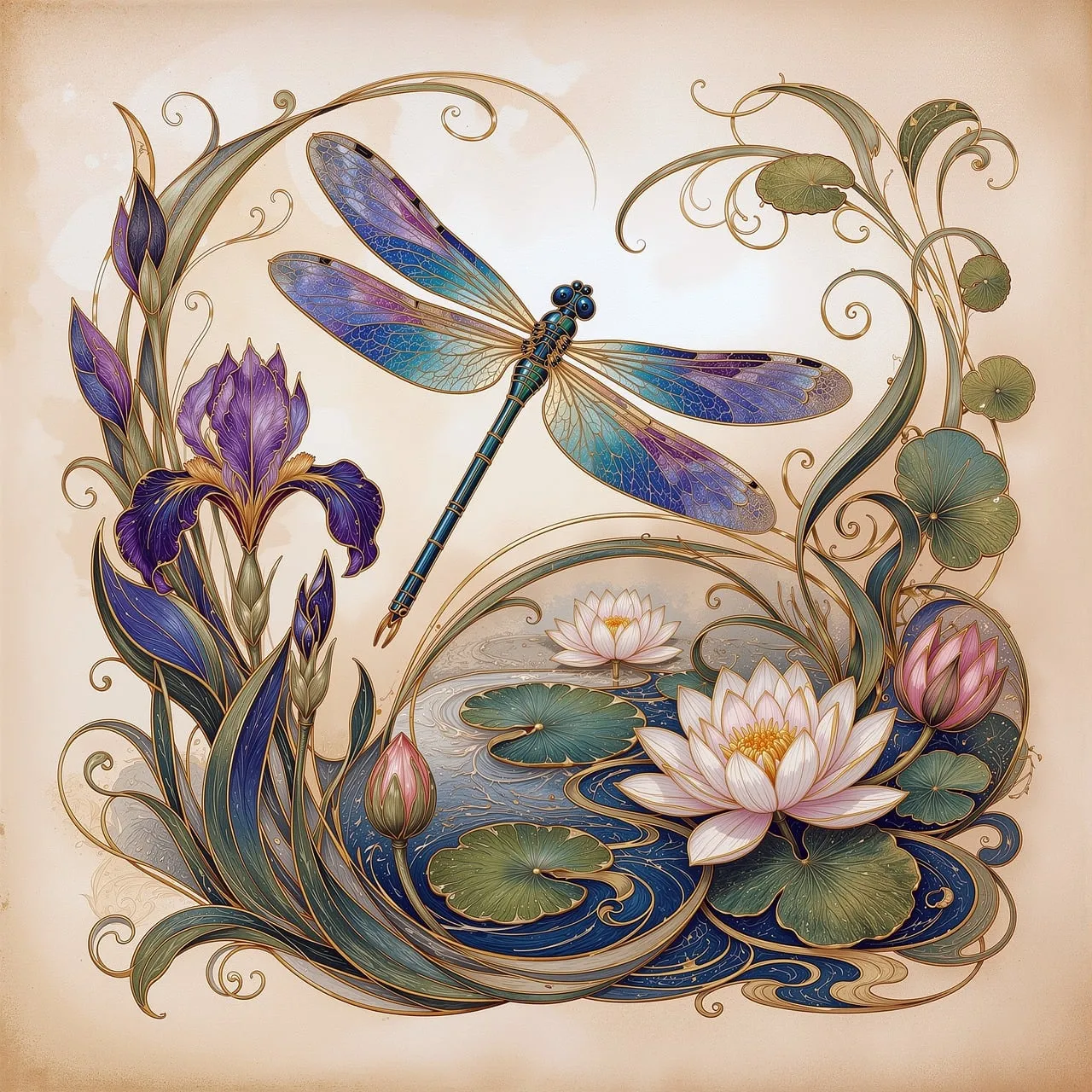 Enchanting Art Nouveau Dragonfly Amidst Botanical Serenity