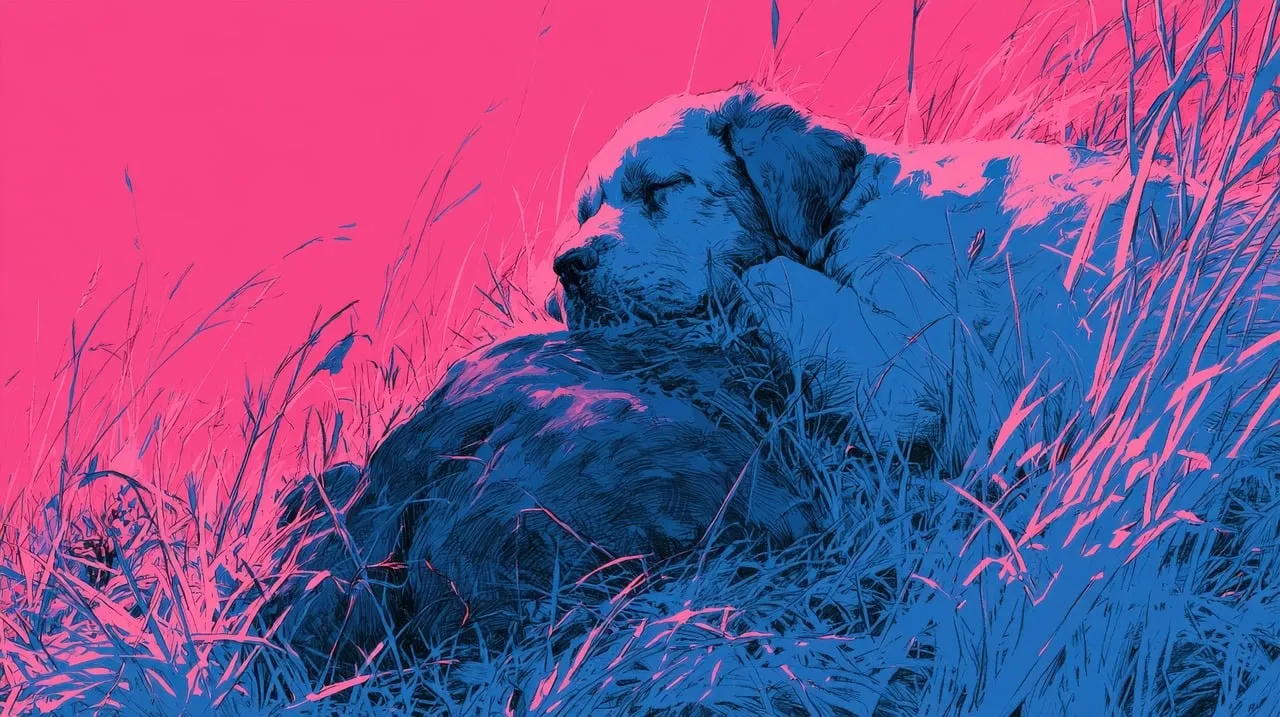 Vibrant Dream: Puppy's Serene Nap in Pink Meadow