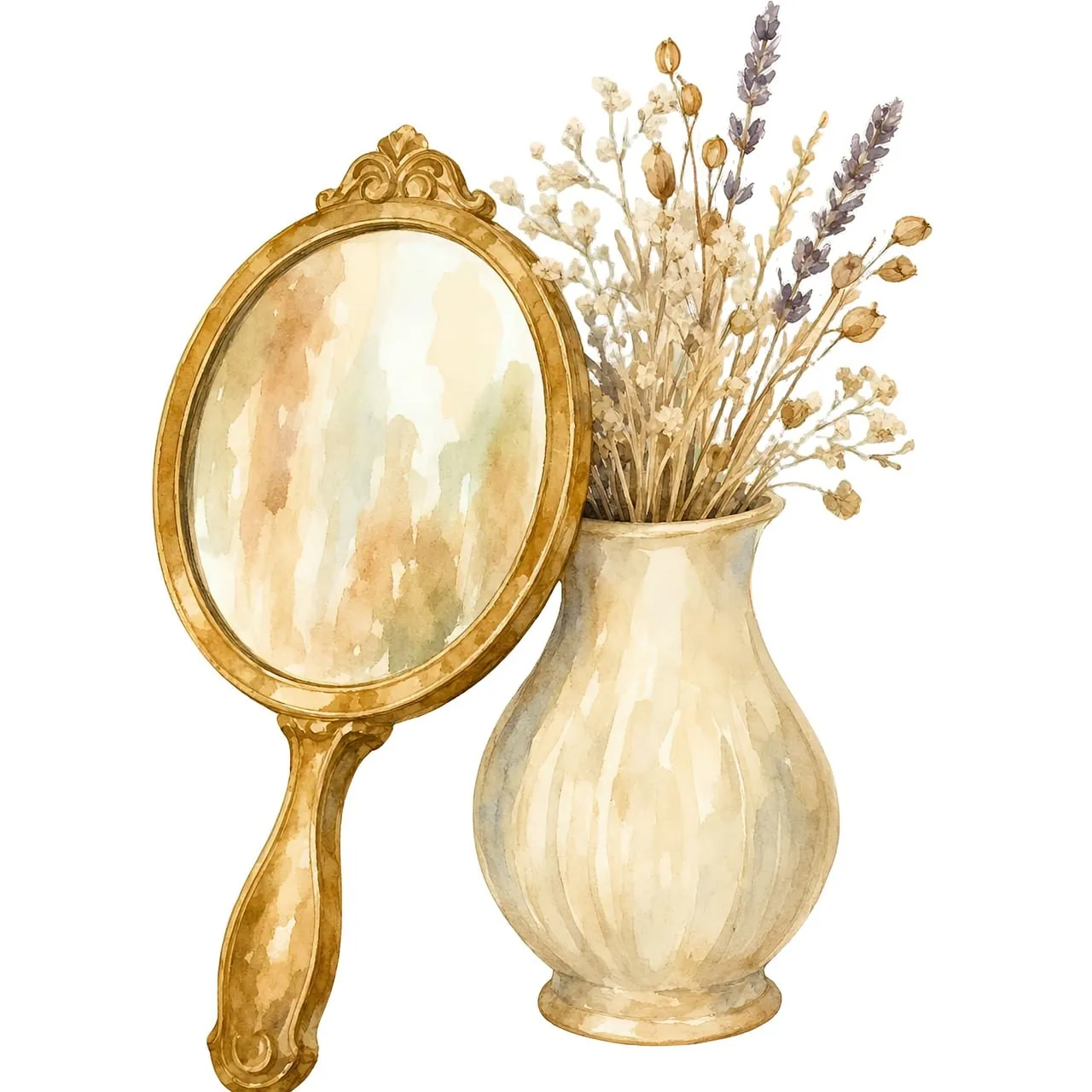 Rustic Elegance: Watercolor Dried Flowers and Vintage Mirror