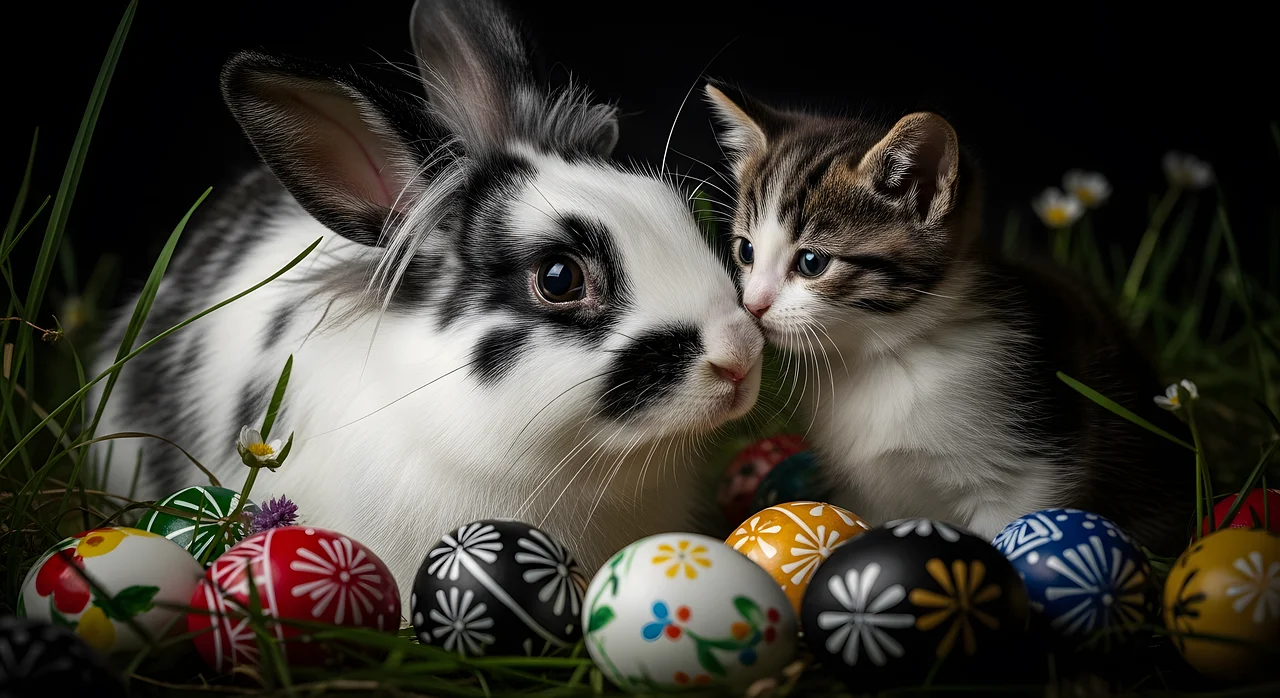 Adorable Duo: Easter Bunny and Kitten Embrace Spring