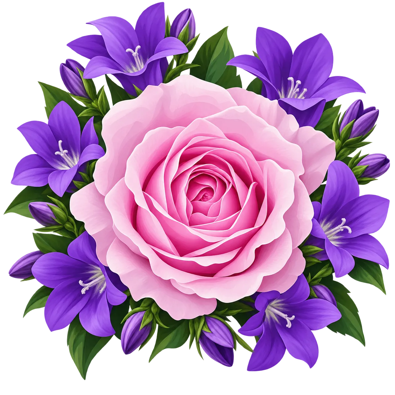 Vibrant Floral Symphony: Pink Rose & Purple Bellflowers Illustration