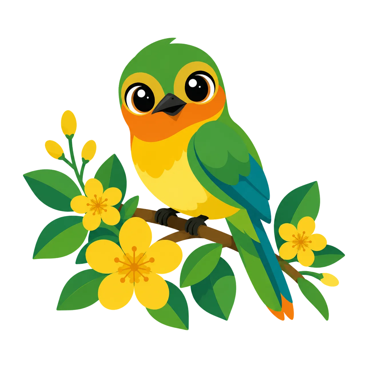 Vibrant Cartoon Bird: Adorable Tropical Charm on a Flowery Branch