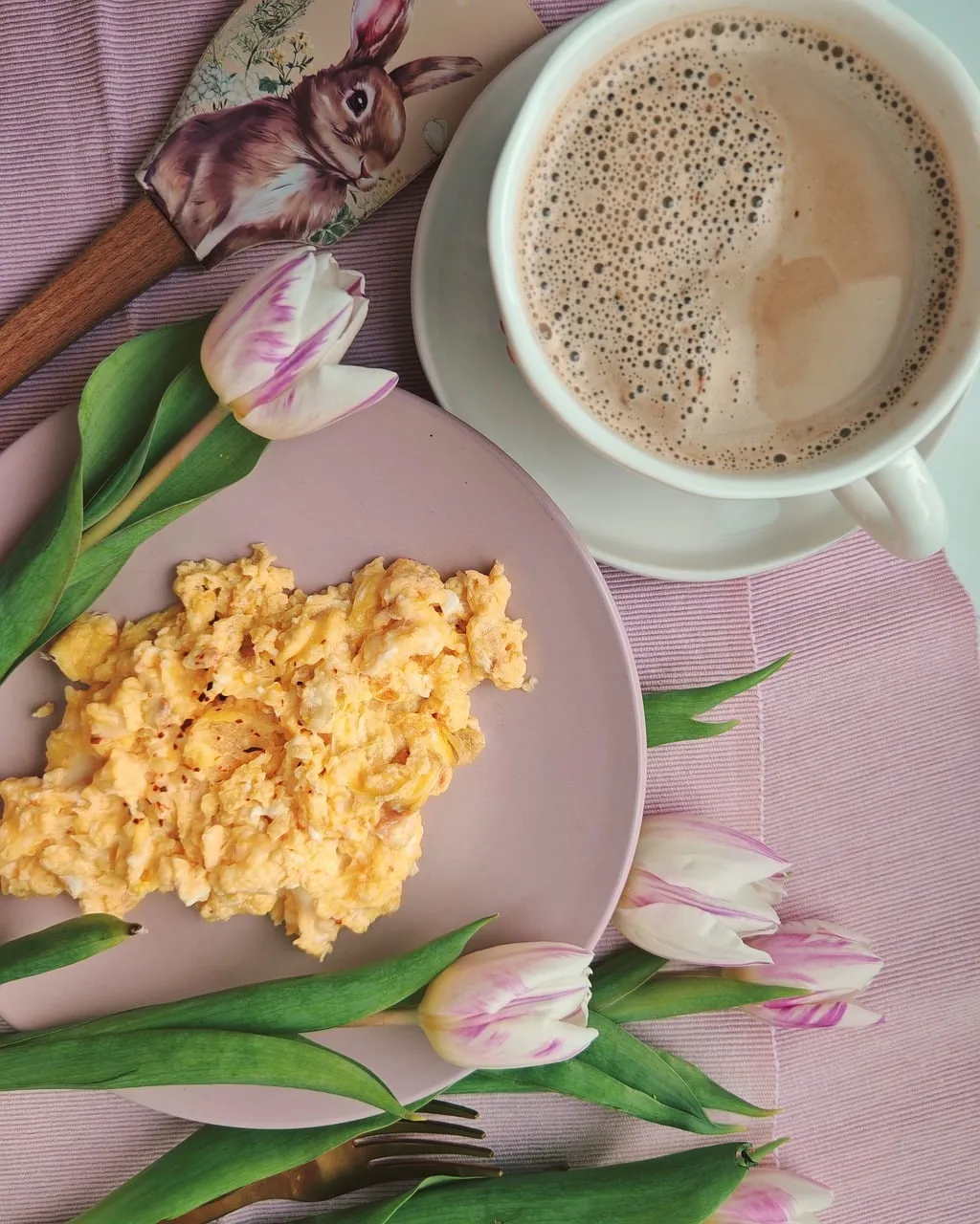 Charming Spring Breakfast: Scrambled Eggs & Coffee