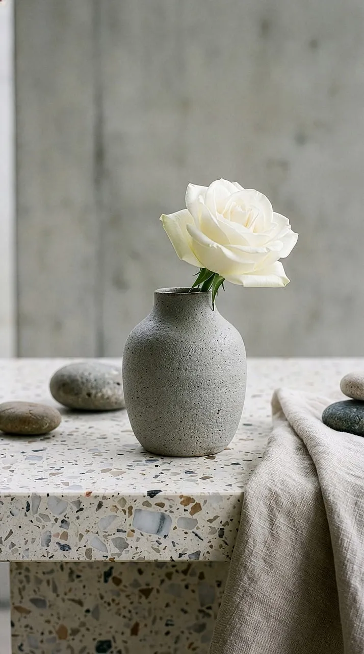Serene Minimalist: White Rose in Stone Vase Decor