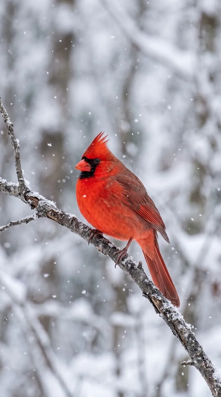 Vibrant Red Cardinal Braving Winter Snowfall