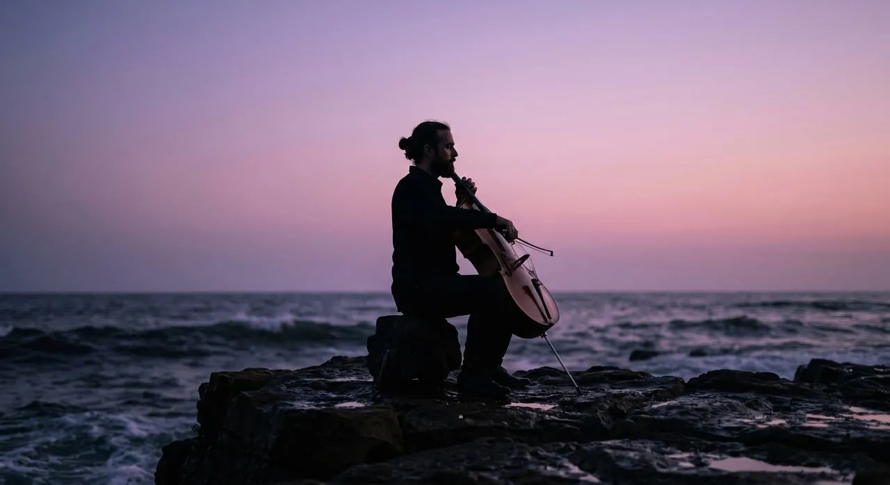 Enchanting Sunset Serenade: Cellist by the Ocean
