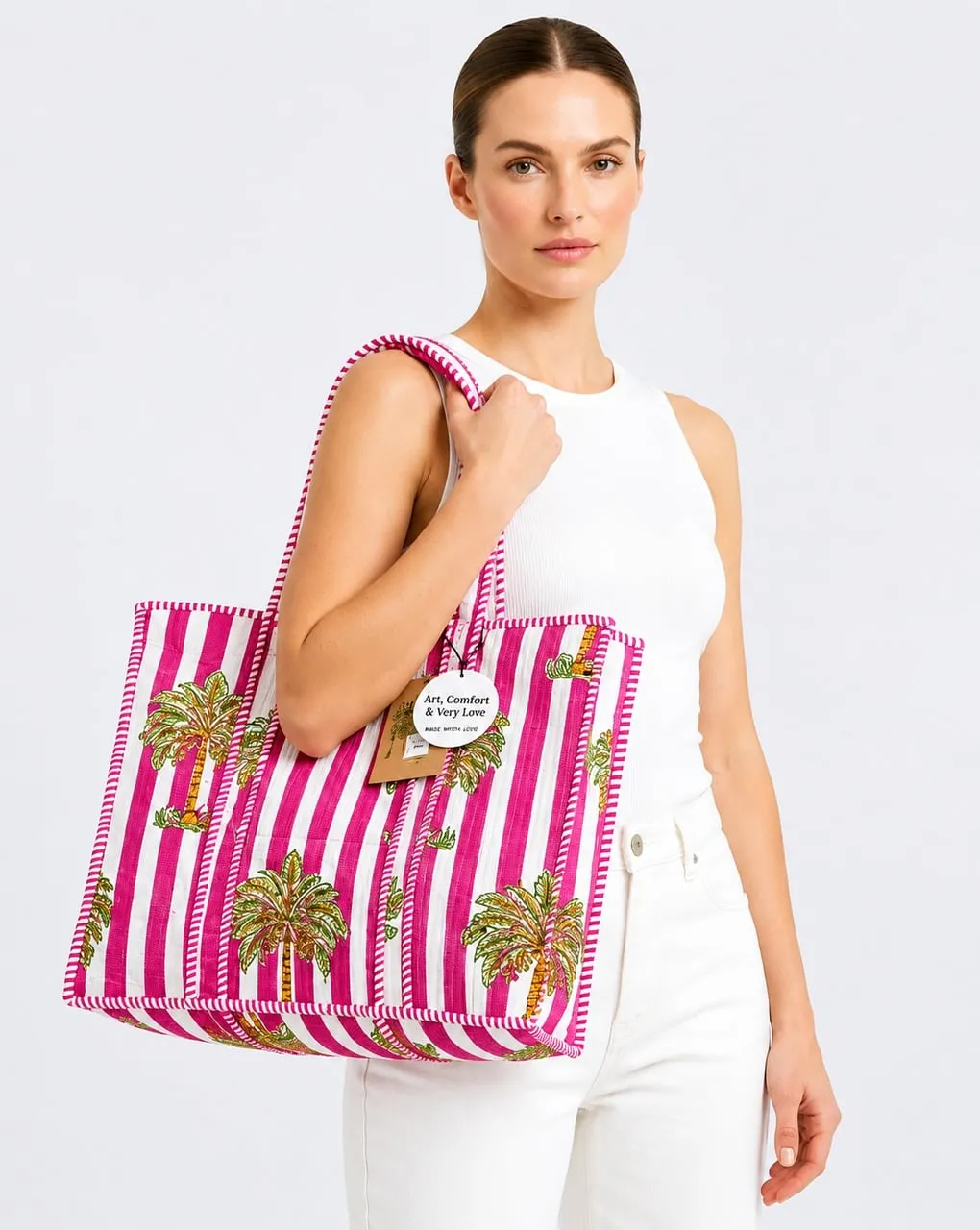 Vibrant Pink Striped Tote with Palm Trees for Summer Style