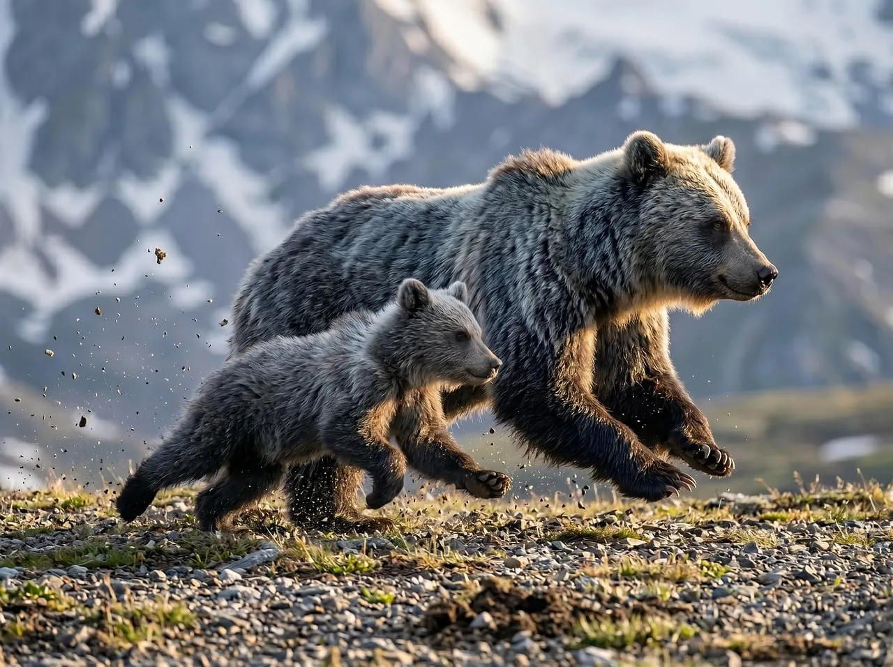 Dynamic Duo: Grizzly Mother and Cub Sprinting in Alpine Meadow