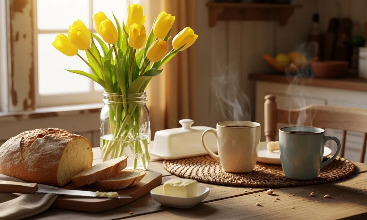 Cozy Morning Charm: Rustic Breakfast with Bright Tulips