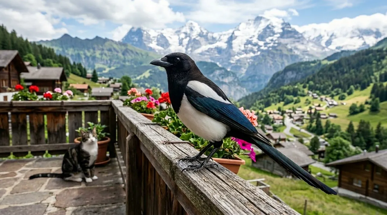 Charming Magpie and Cat in a Serene Alpine Village